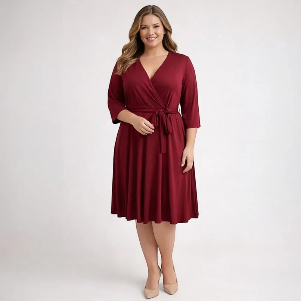 Flattering Burgundy Faux Wrap V-Neck Pleated Dress XL Self Tie Belt - Picture 1 of 6